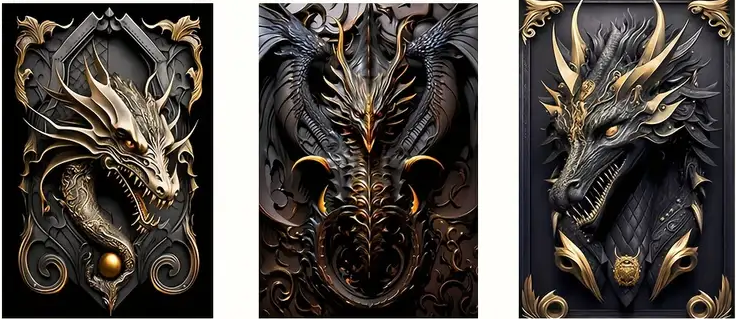 Pósters Fantasía Dragón Negro Dorado